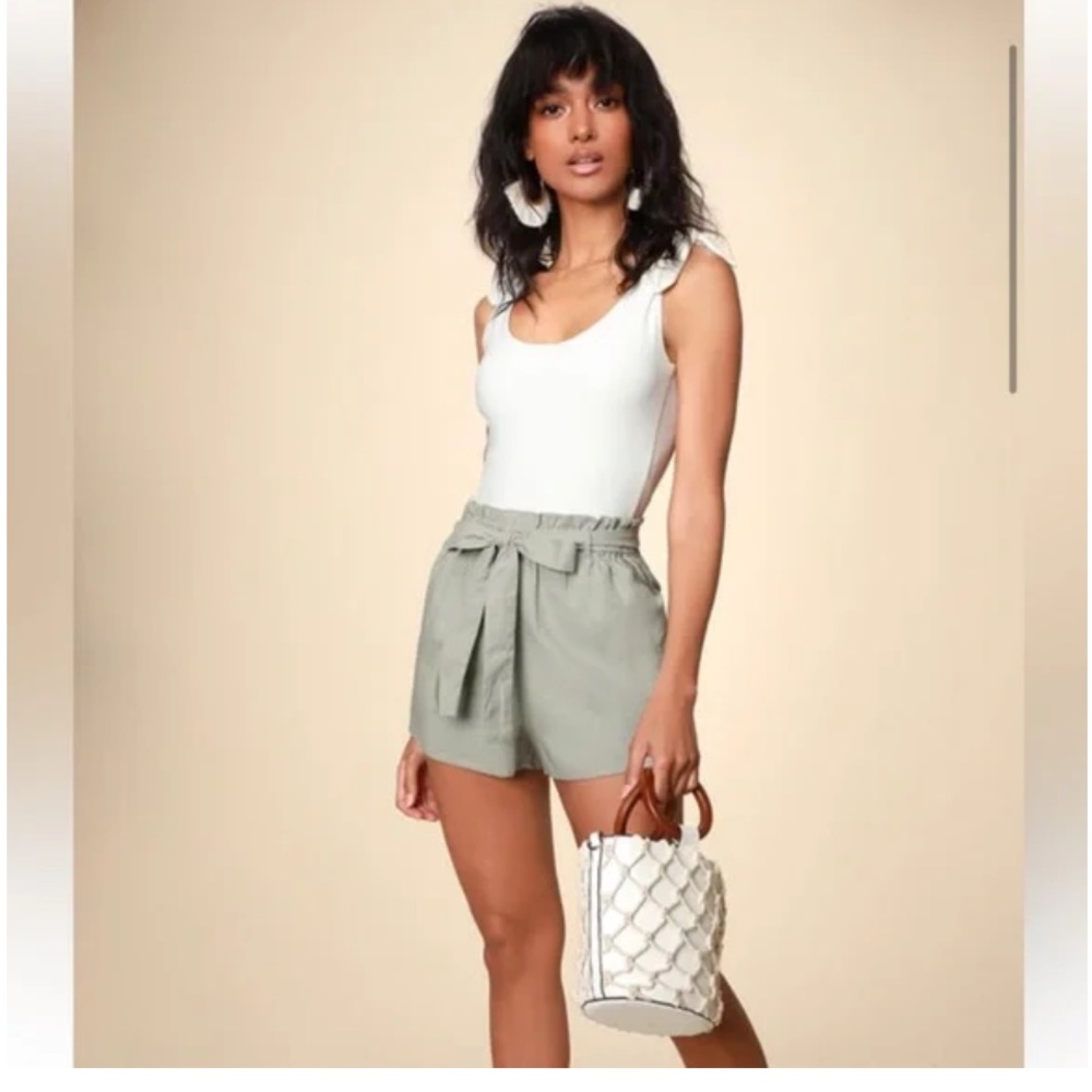 Lulu's Gemima Sage Green Tie Front High Waist Paperbag Shorts